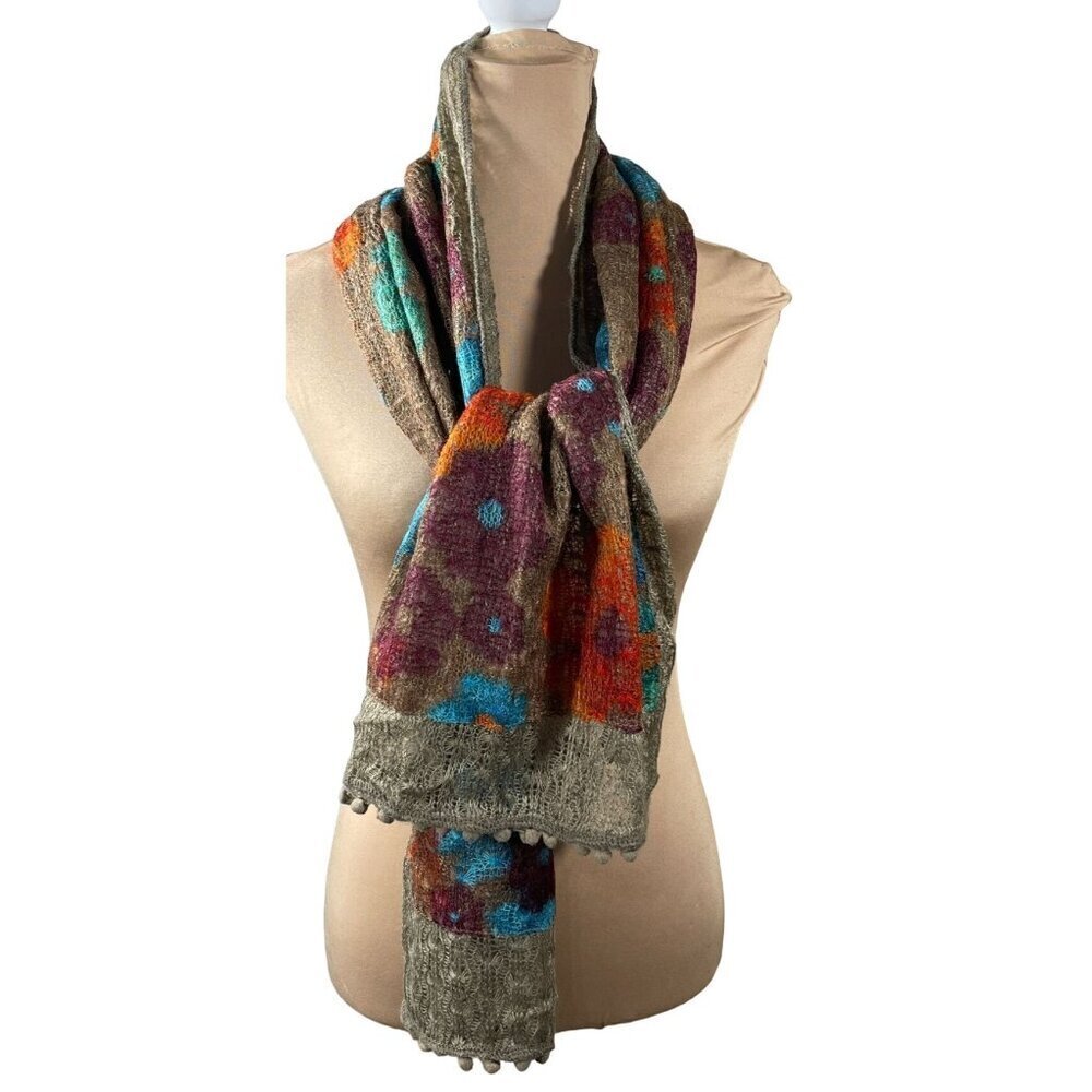 New Knit Scarf Poms Floral Burgundy Blue Tan Rectangle 19" X 68"